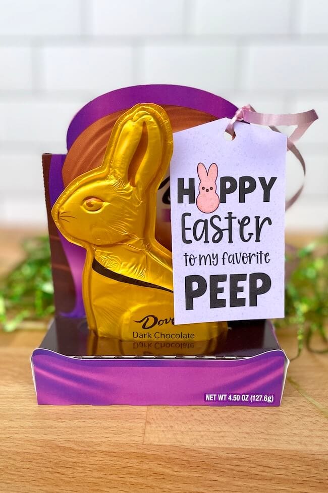 chocolate bunny with an Easter gift tag that says happy Easter to my favorite peep