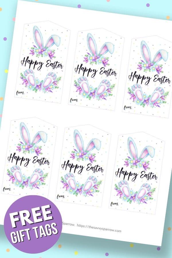 Easter gift tags with bunny ears and feet with flowers