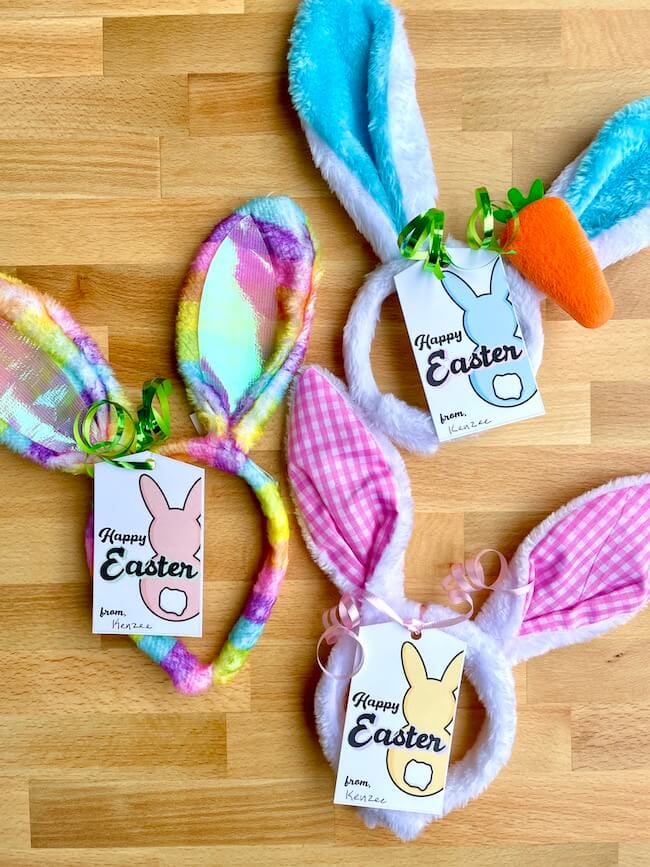 bunny ear headband Easter class gifts with Happy Easter gift tags