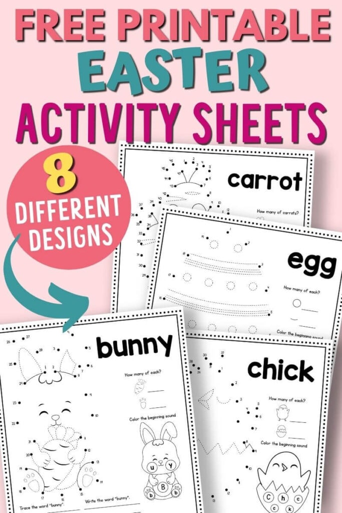 free printable Easter activity sheets with dot to dot and trace the word