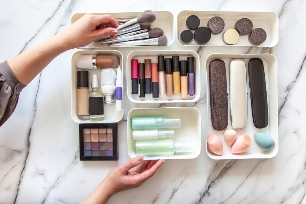 organizing makeup in makeup organizer bins