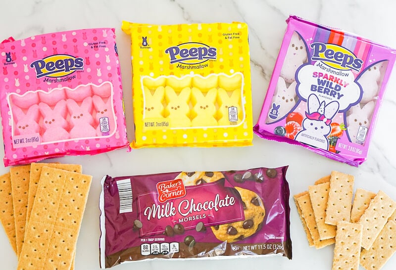 marshmallow Peeps, chocolate chips, and graham crackers