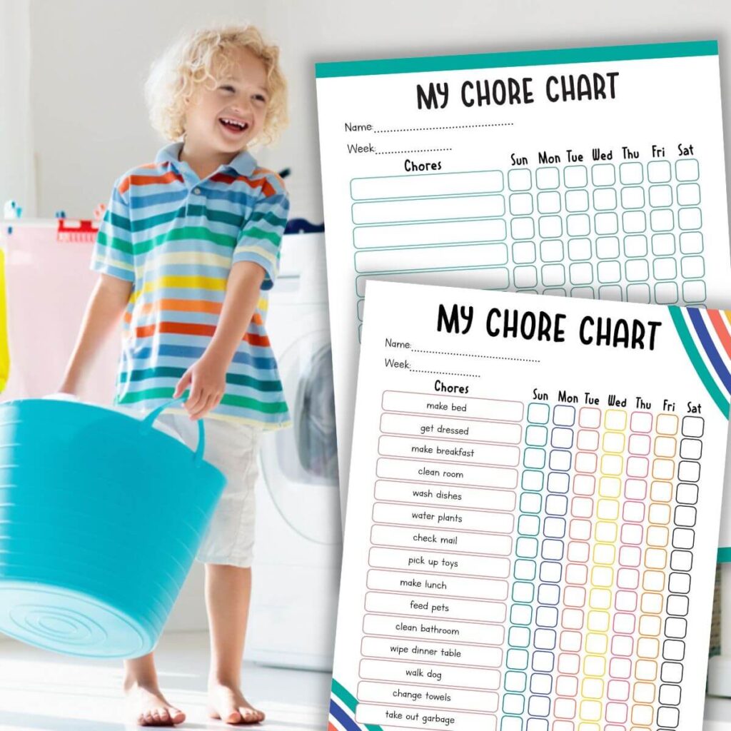 printable chore charts for kids and a child helping with laundry
