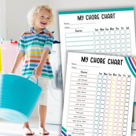 printable chore charts for kids and a child helping with laundry