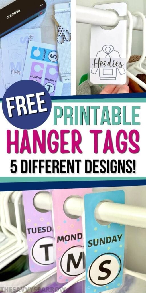 collage of free printable closet hanger tags