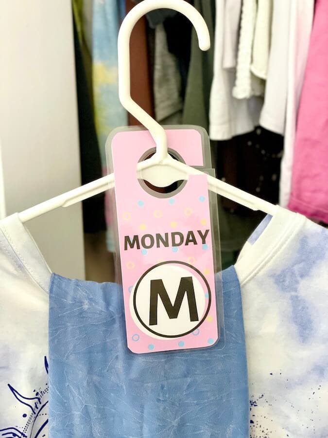 printable tag on a clothes hanger that says monday