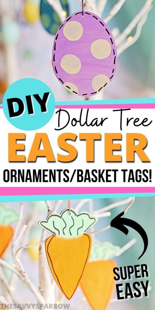 wooden Dollar Tree Easter ornaments hanging on a tree