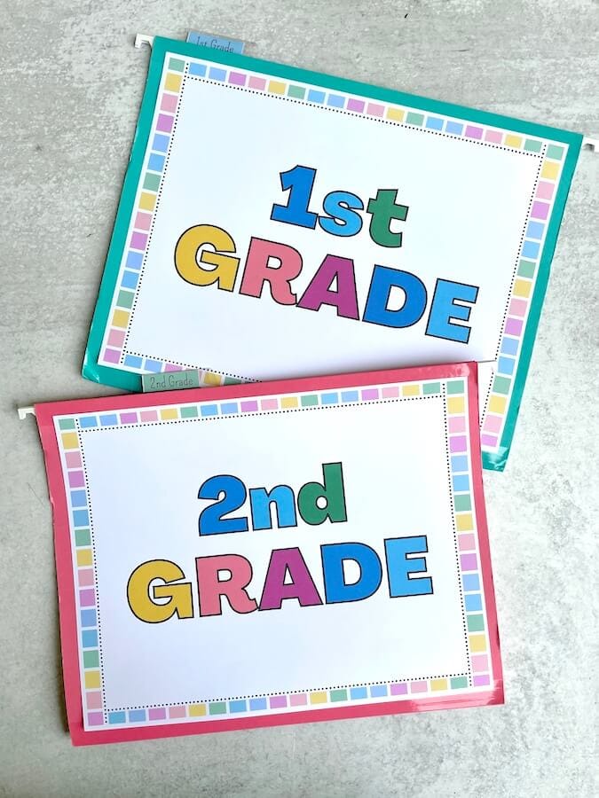 hanging file folders for a school keepsake box that say 1st grade and 2nd grade