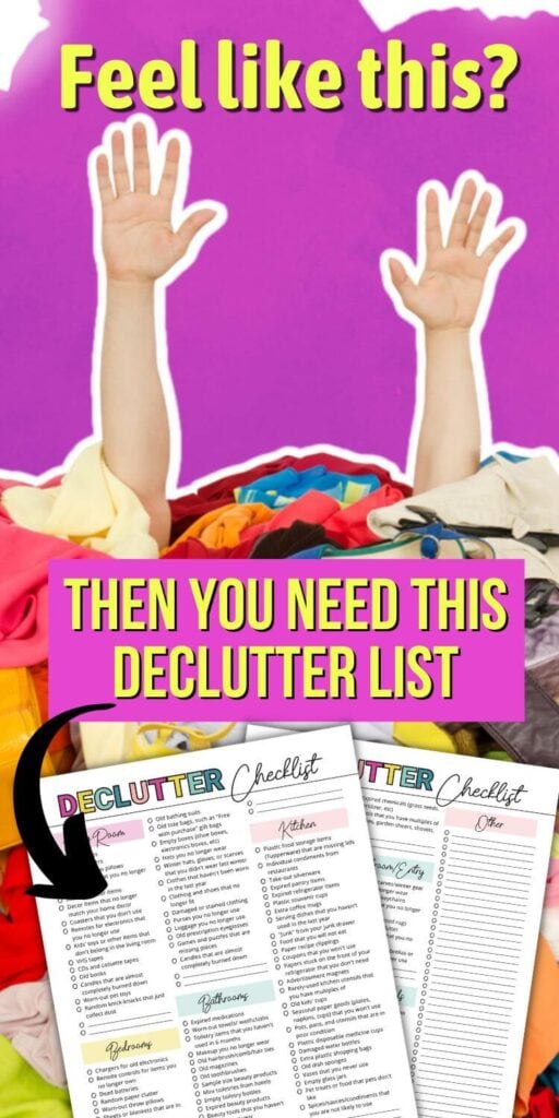 printable decluttering checklist and lady under pile of clothes clutter