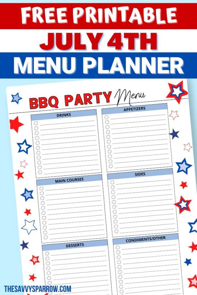free printable July 4th party menu planner