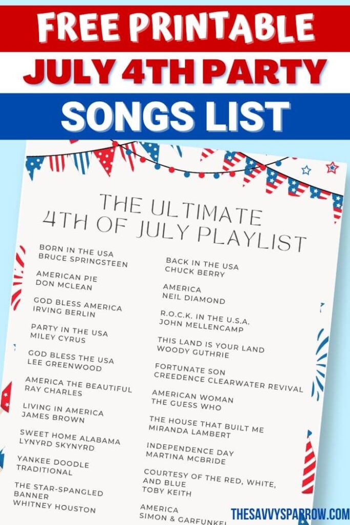 free printable July 4th party playlist of songs