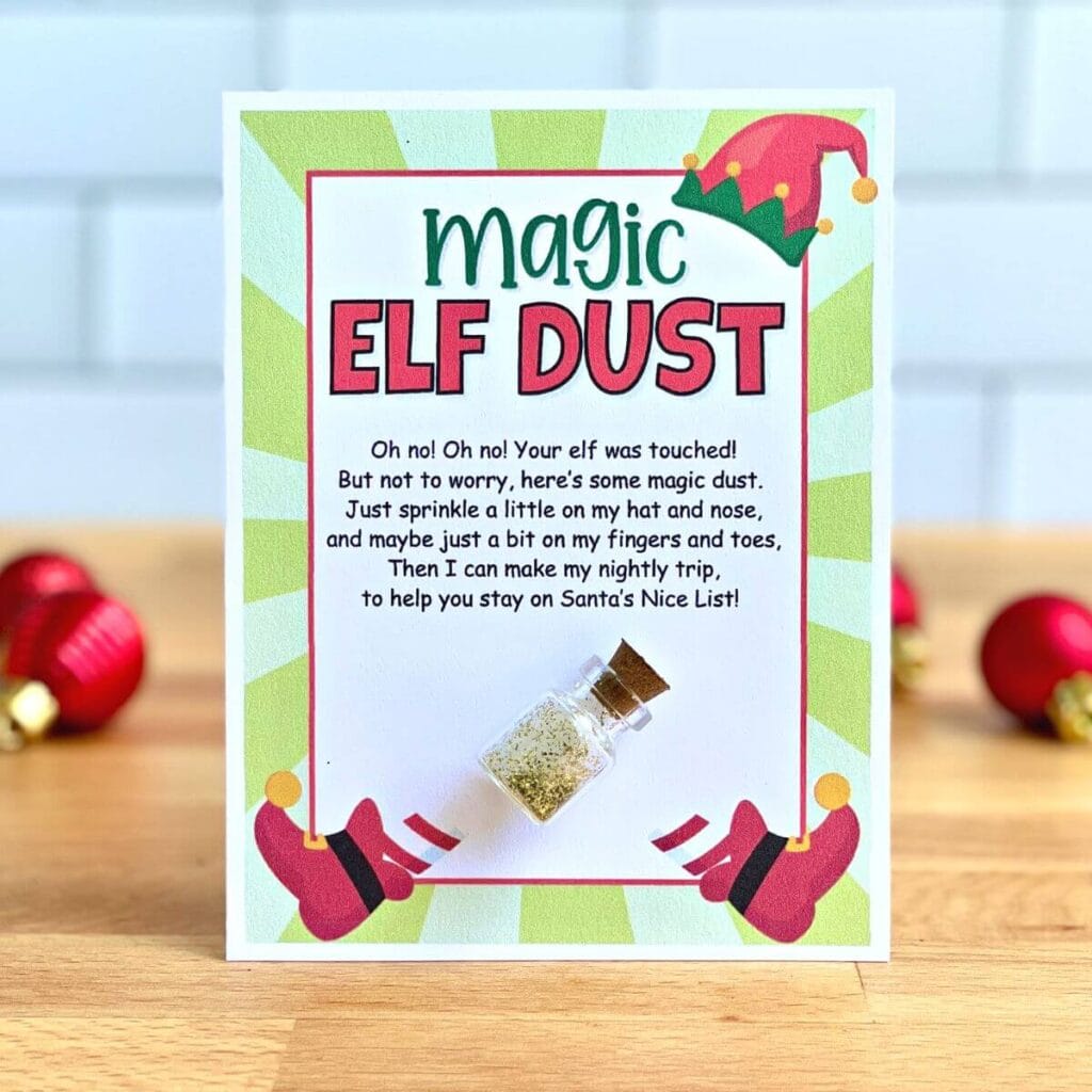magic elf dust glitter bottle on a printable card