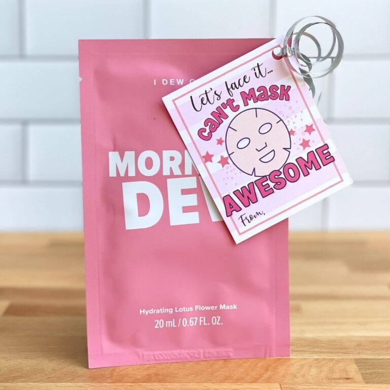 spa face mask with a printable gift tag that says "can't mask awesome"