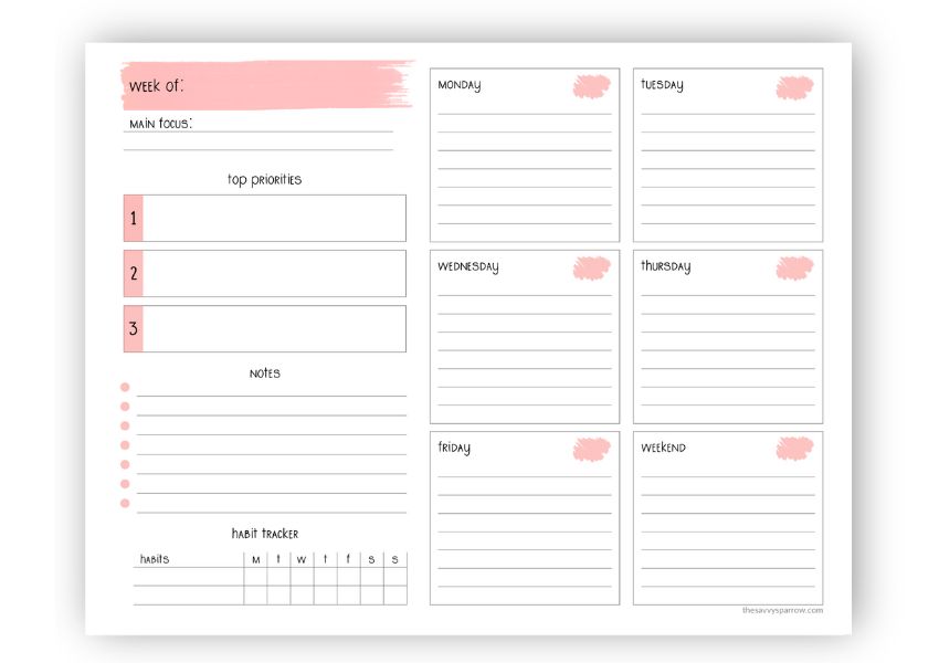 weekly to do list template with pink watercolor accents