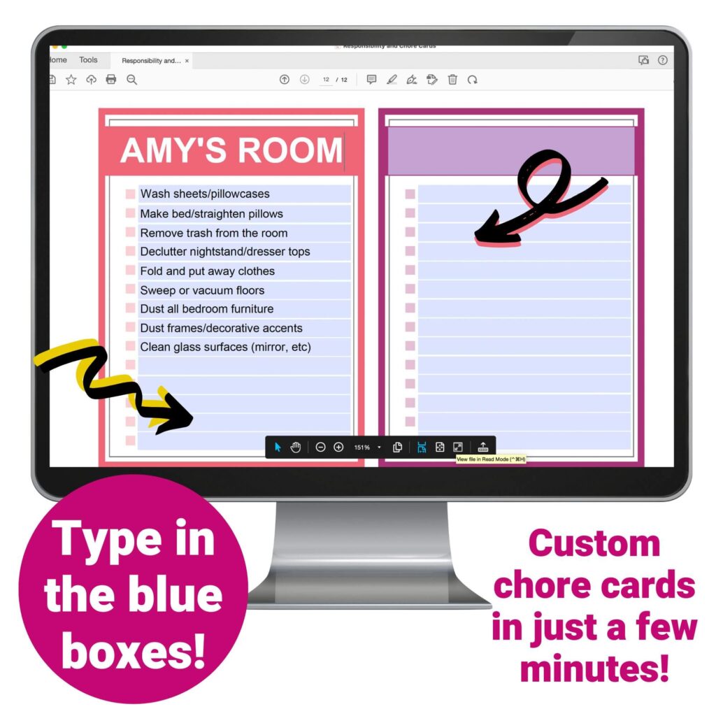 computer screen mockup showing how to edit the chore card templates