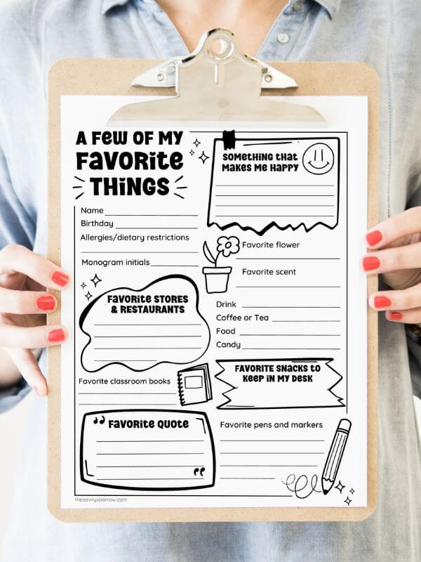 free printable teacher favorites list PDF on a clipboard