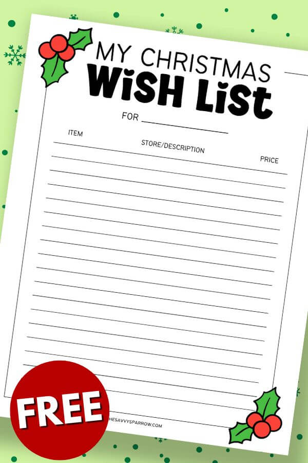 printable Christmas wish list template with holly