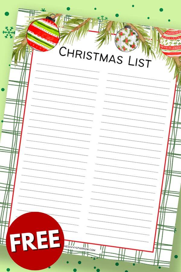 blank Christmas list template with ornaments