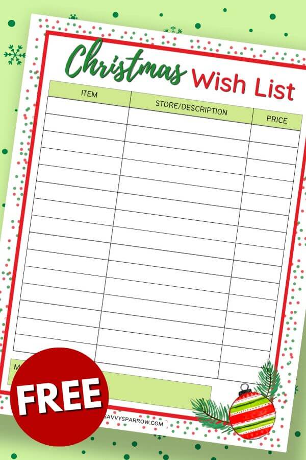 printable Christmas wish list with red and green polka dots