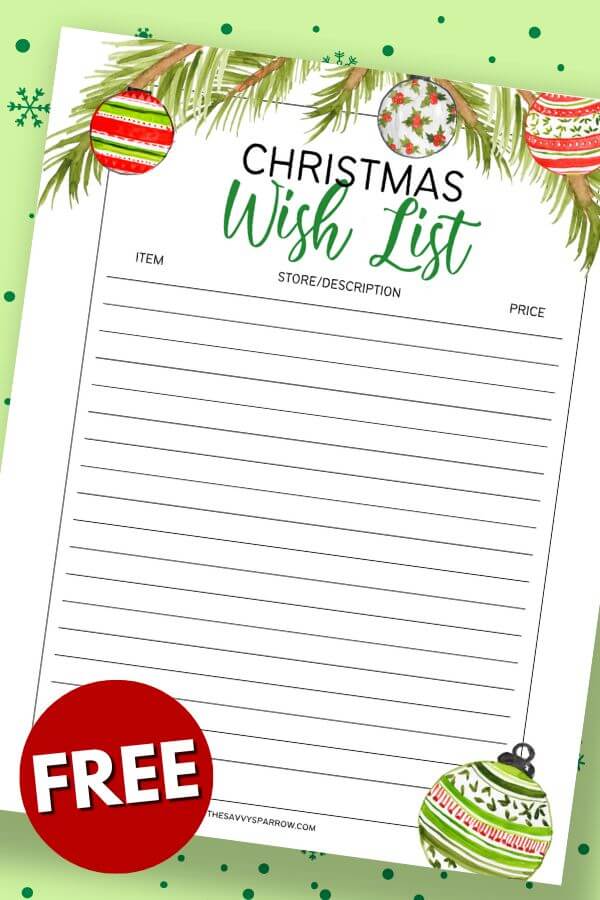 printable Christmas wish list with ornaments