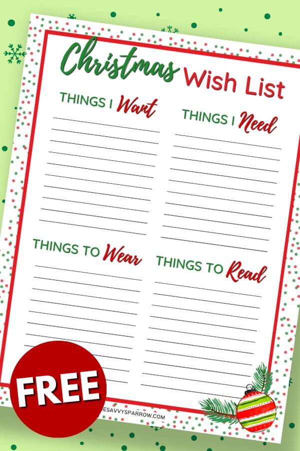 Christmas list template with want, need, wear, read
