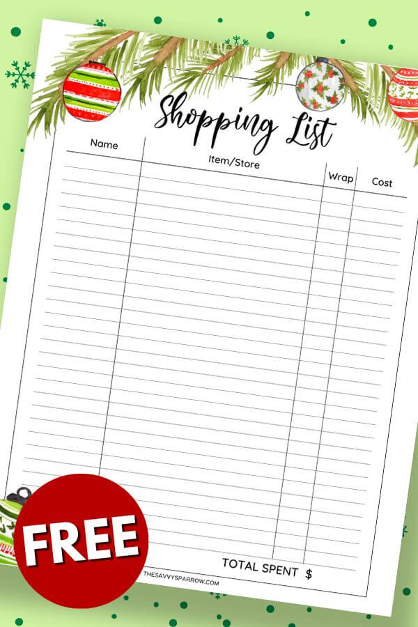 Christmas shopping list template with ornaments