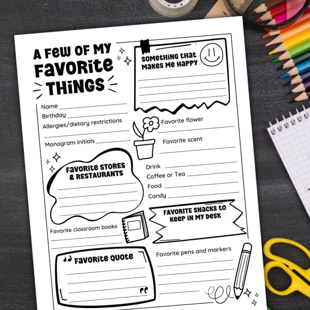 Teacher Favorite Things Questionnaire Printable