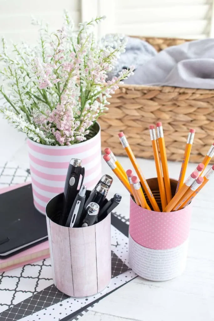 DIY tin can organizers for office supplies