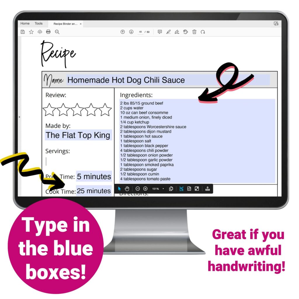 computer screen mockup showing how to type in the printable recipe cards
