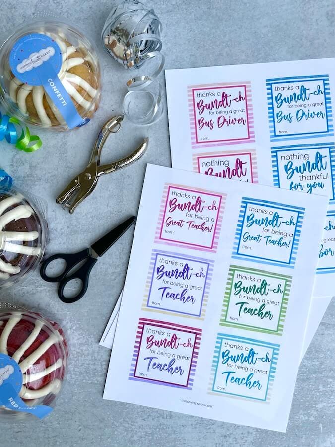 free printable bundt cake tags, nothing bundt cakes, ribbon, and scissors