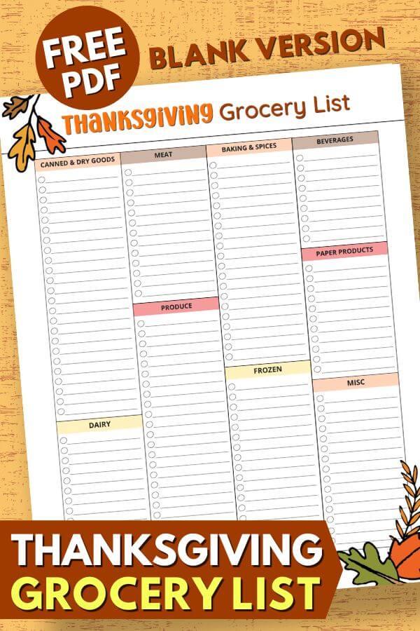 free printable blank Thanksgiving shopping list