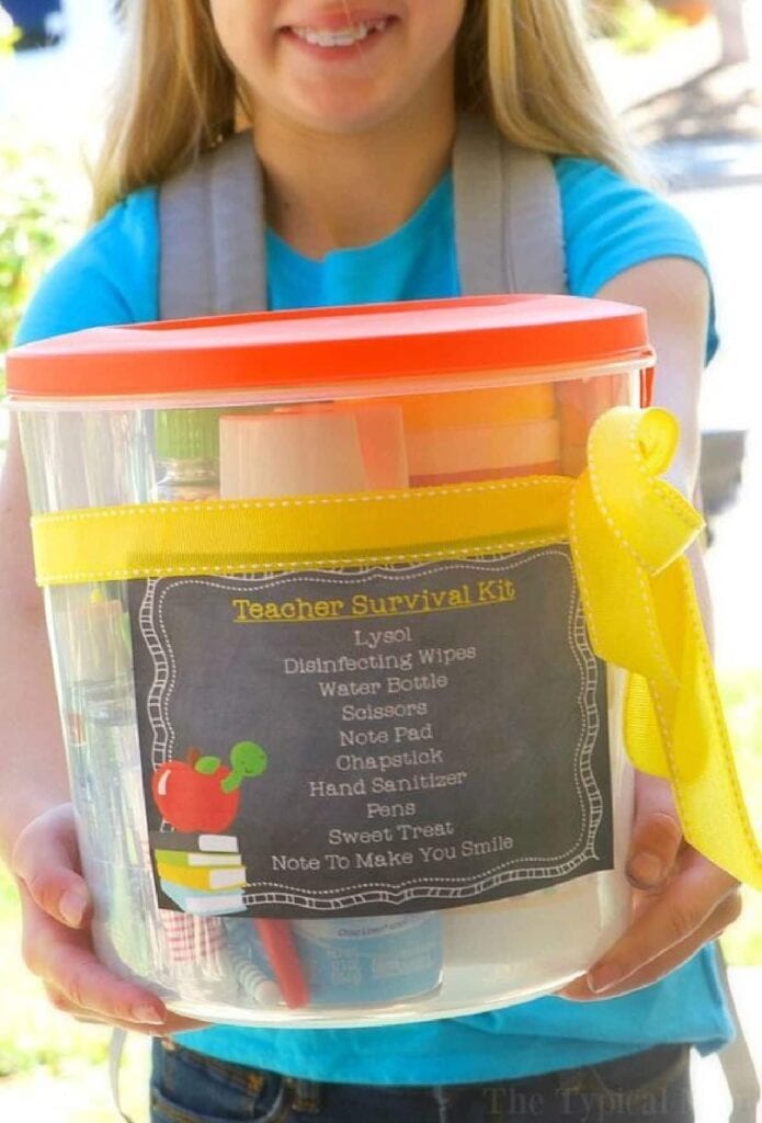 teacher survival kit in a large plastic bucket