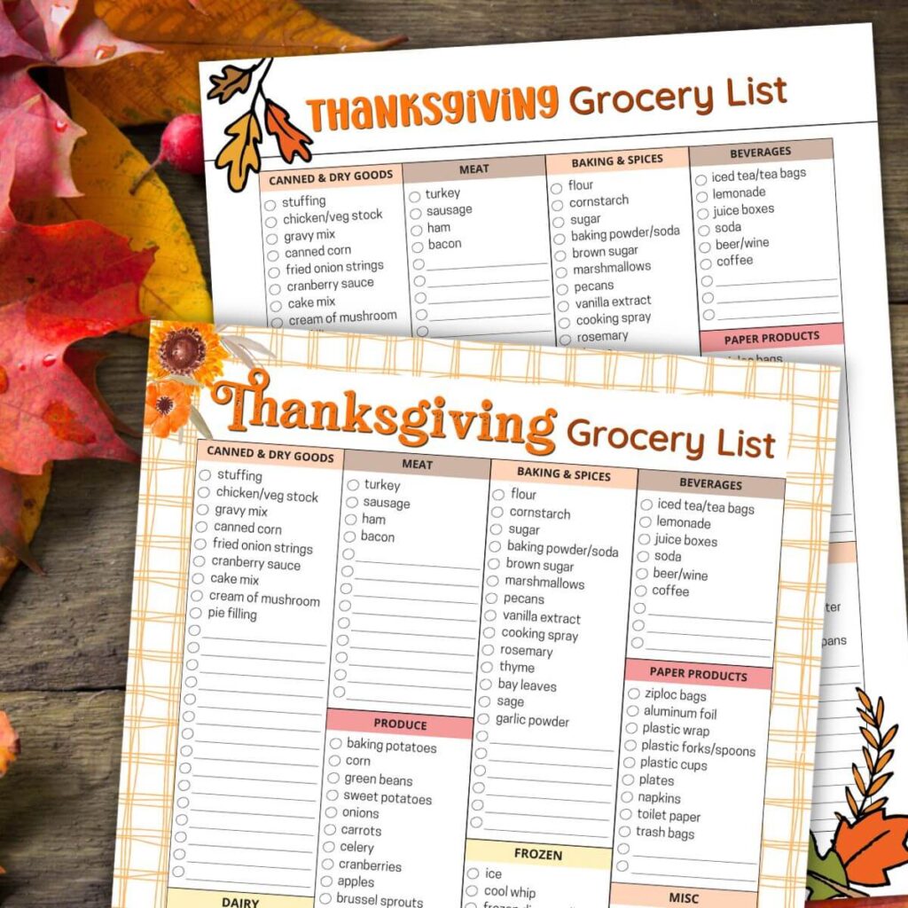 printable Thanksgiving shopping lists