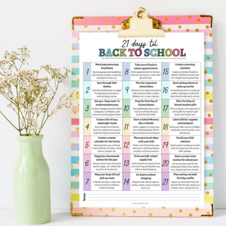 printable of 21 days of back to school prep tips