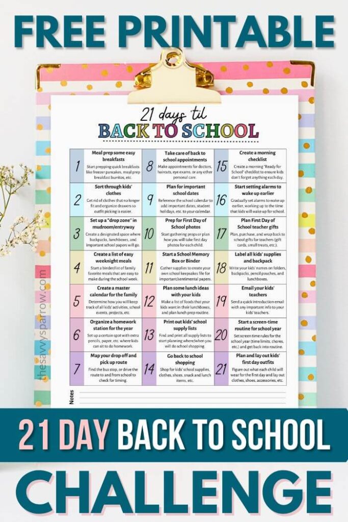 free printable 21 day back to school challenge
