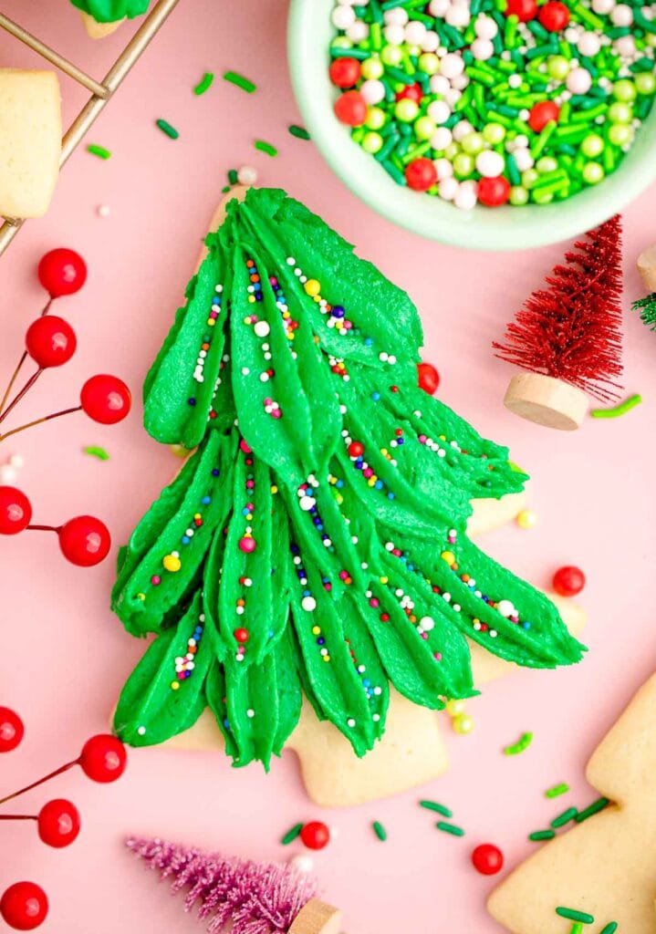 sugar cookie decorated to look like a Christmas tree