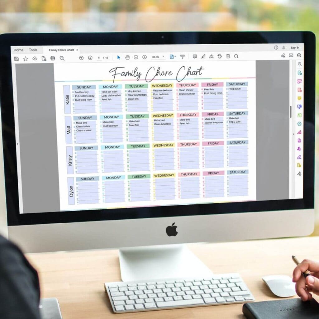 family chore chart PDF on a computer screen