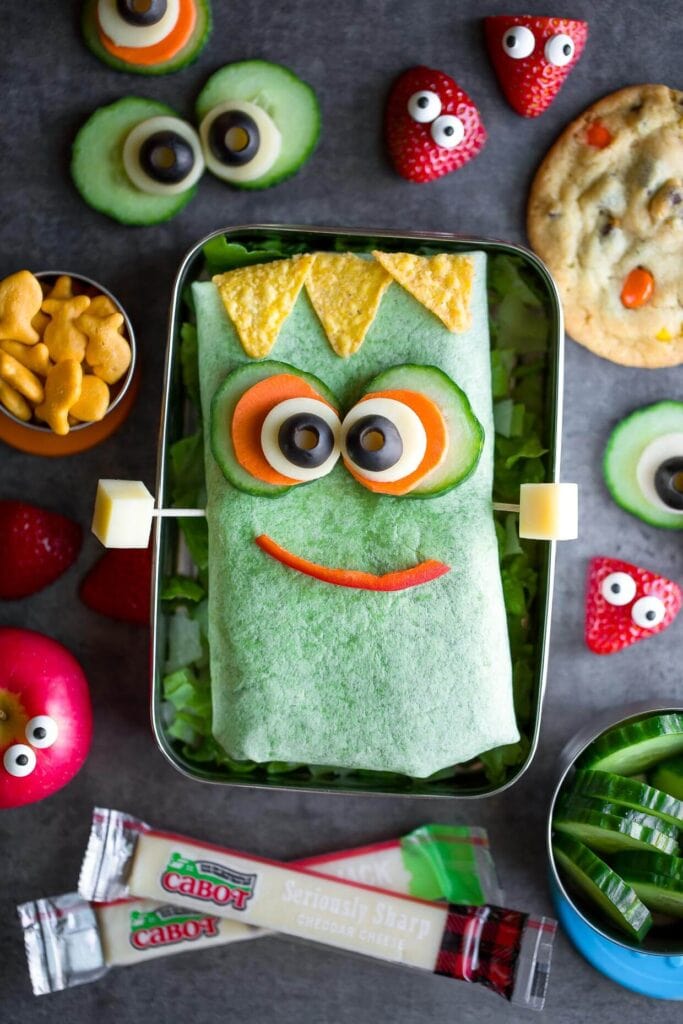 sandwich wrap in a spinach tortilla to look like Frankenstein
