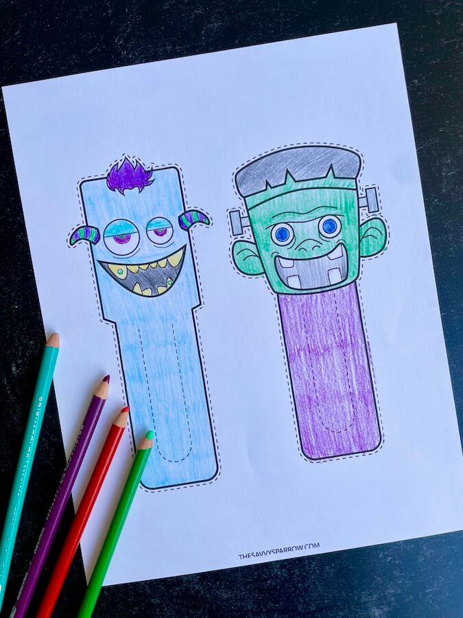 Halloween bookmarks to color with Frankenstein and monster designs