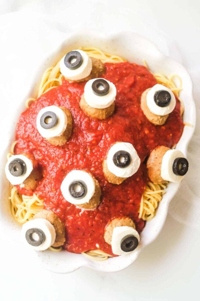spaghetti with meatballs that look like eyeballs
