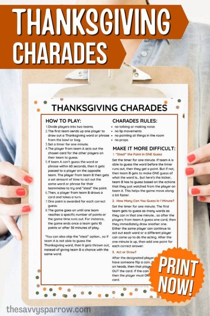 PDF of instructions for how to play Thanksgiving charades