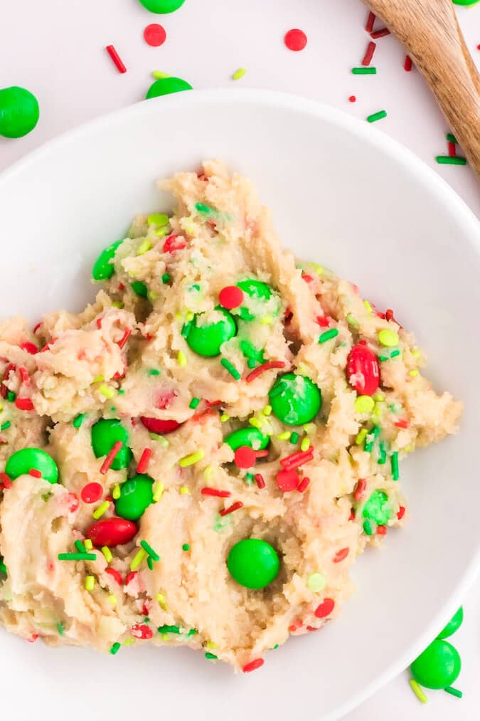 edible sugar cookie dough with M&Ms and sprinkles
