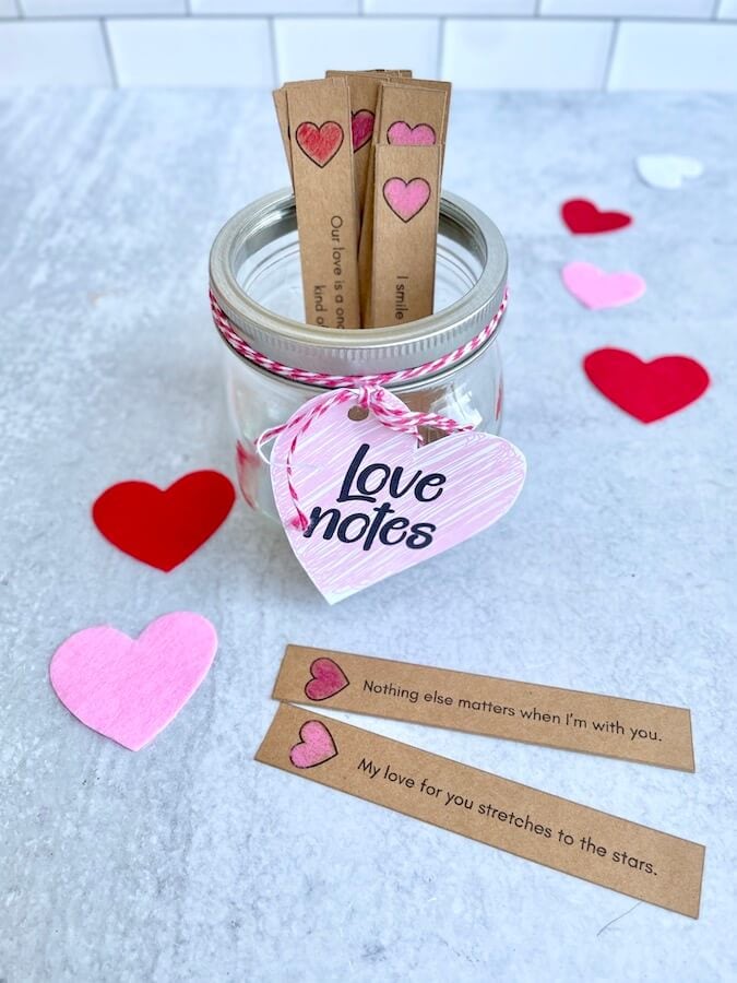 love notes printed on kraft card stock and put in a glass jar