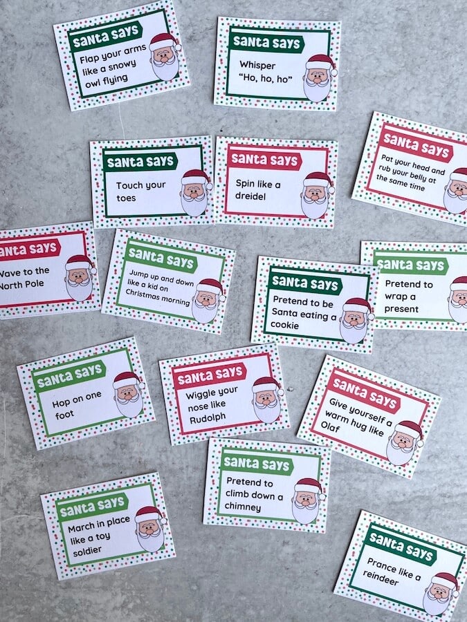 Santa Says game cards with actions printed on them