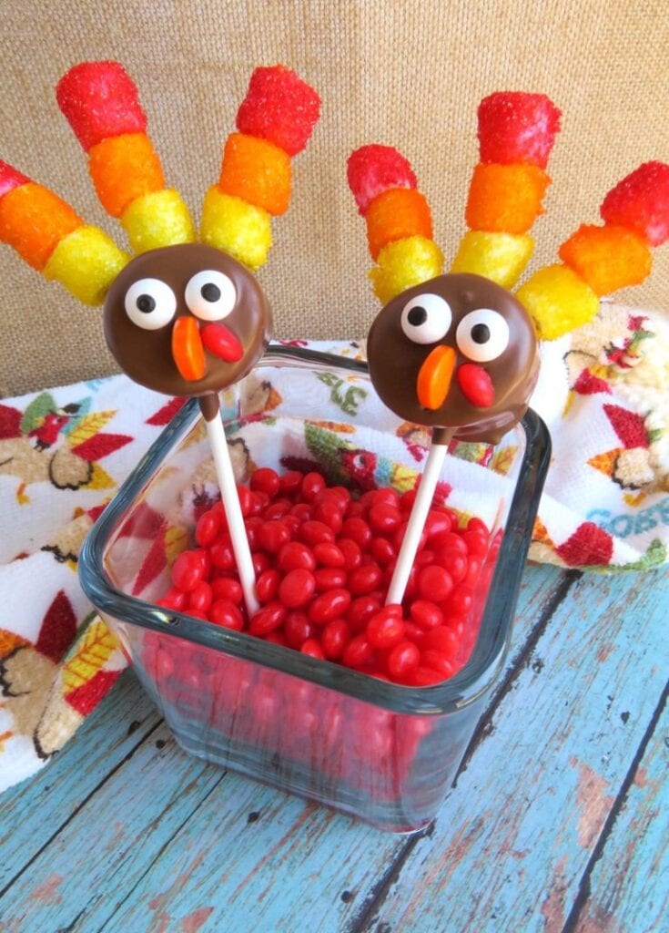 chocolate dipped marshmallows decorated to look like turkeys