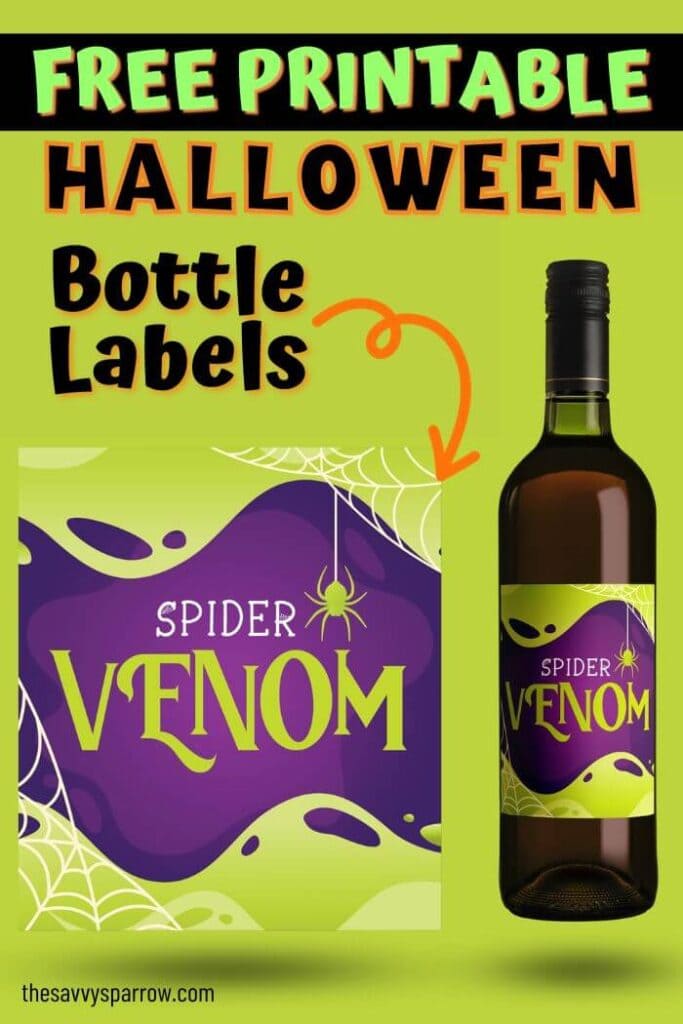 printable Halloween wine bottle label that says spider venom