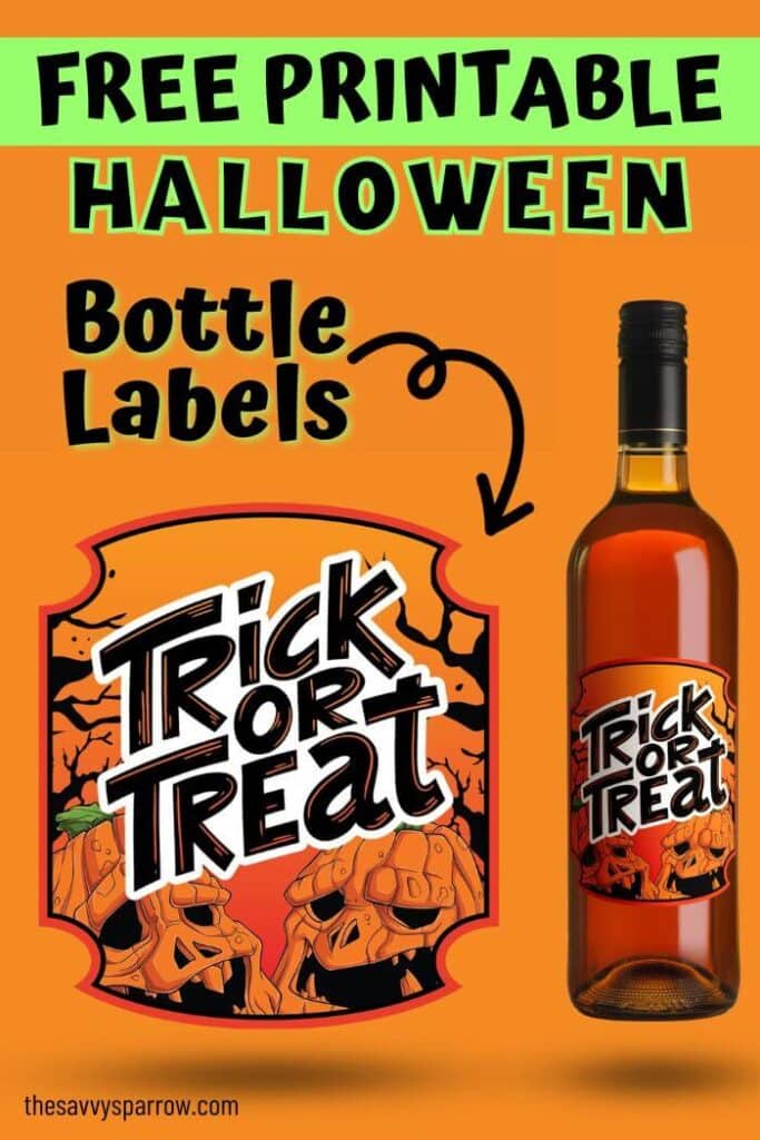 printable Halloween bottle label that says trick or treat