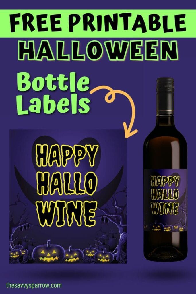 free printable Halloween bottle label that says happy hallo-wine
