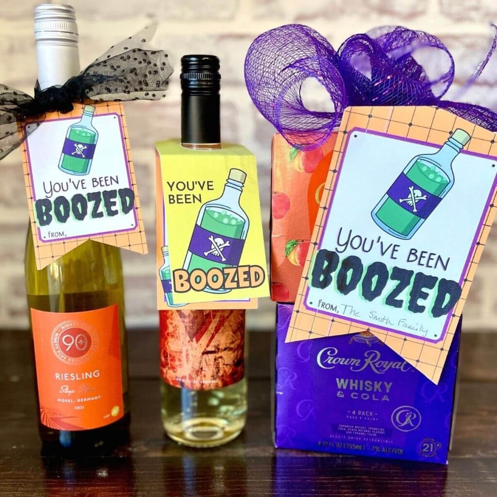 you've been boozed tags on bottles of wine and cocktails