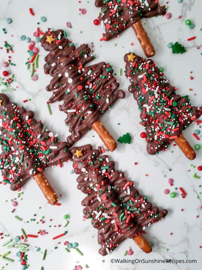 Christmas tree pretzels with chocolate and sprinkles